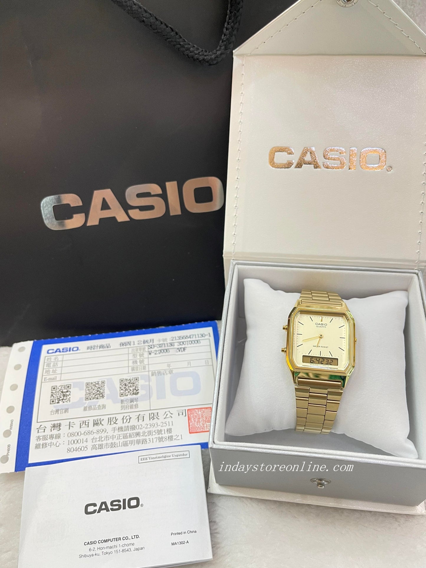 Casio Vintage Unisex Watch AQ-230GA-9D Gold Plated Stainless Steel Self-adjustable Band