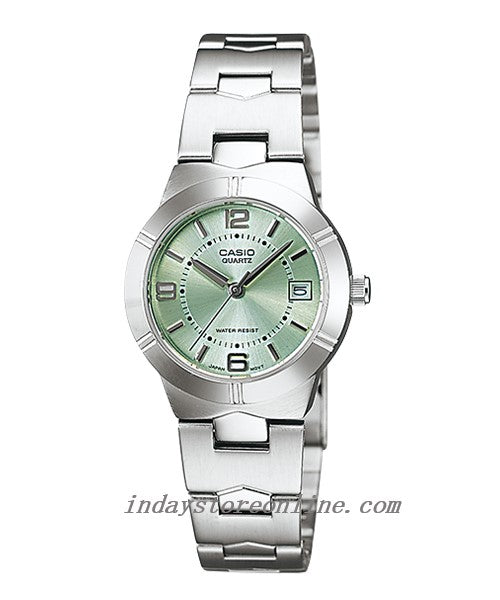 Casio Fashion Women's Watch LTP-1241D-3A Silver/Green Stainless Steel Band Mineral Glass